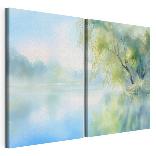 Tablou modular pe pânză Pictură în acuarelă reprezentând un copac și un lac