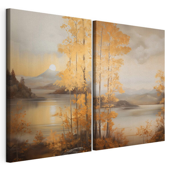 Tablou modular pe pânză Tablou reprezentând un munte și un lac