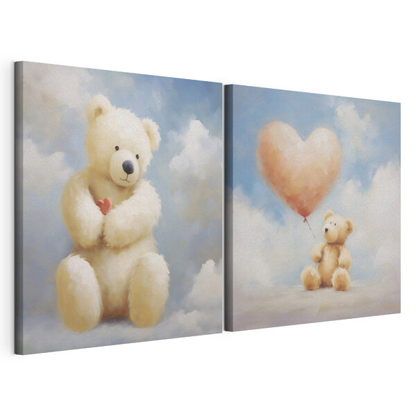 Tablou modular pe pânză Două imagini cu un ursuleț de pluș care ține un balon